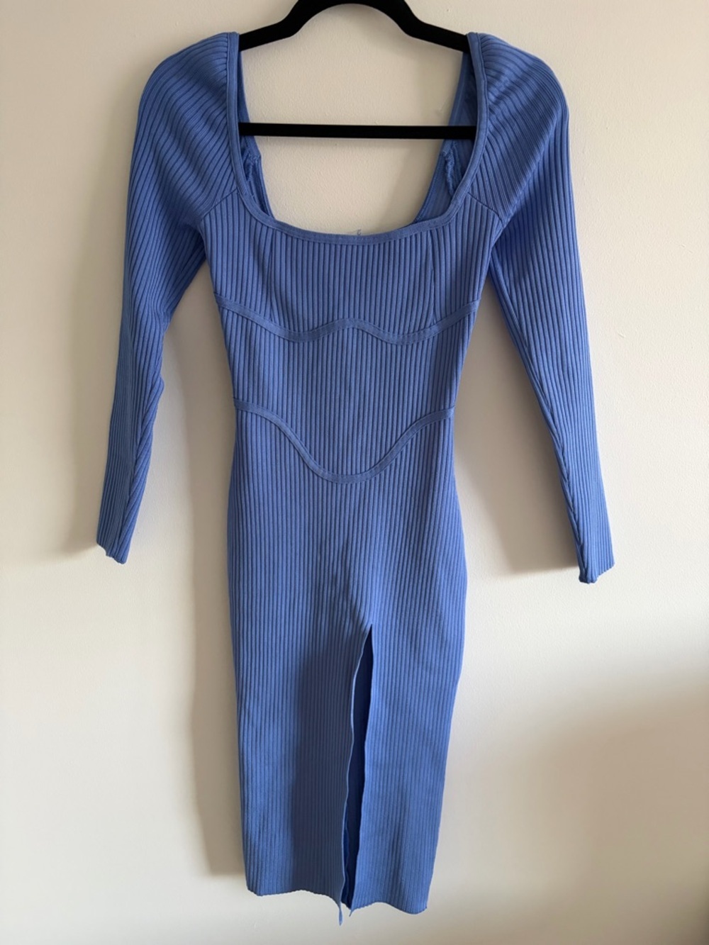 House of cb Blue Ribbed Long Sleeve Midi Dress